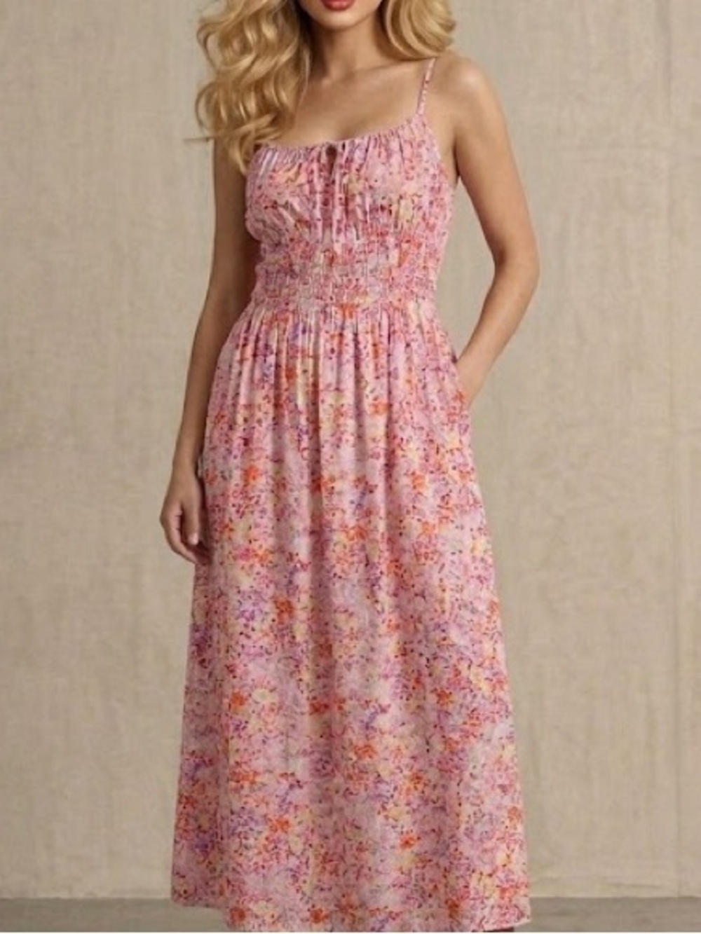 H&M Pink Ditsy Floral Smocked Maxi Dress